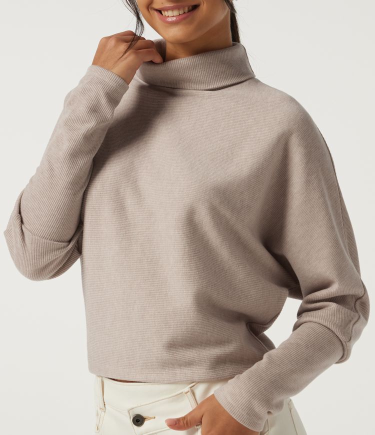 Ribbed High Neck Batwing Long Sleeve Casual Top