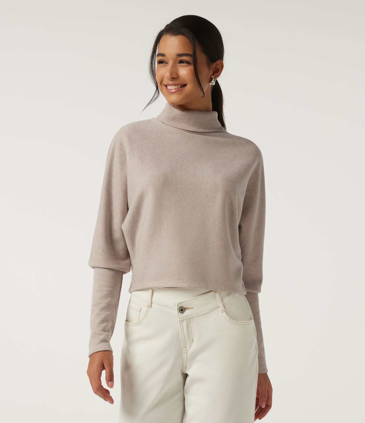 Ribbed High Neck Batwing Long Sleeve Casual Top
