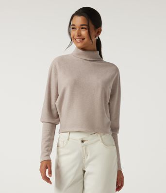 Ribbed High Neck Batwing Long Sleeve Casual Top