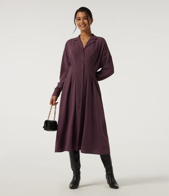 Lapel Long Sleeve Linen-Feel Casual Midi Dress with Pockets