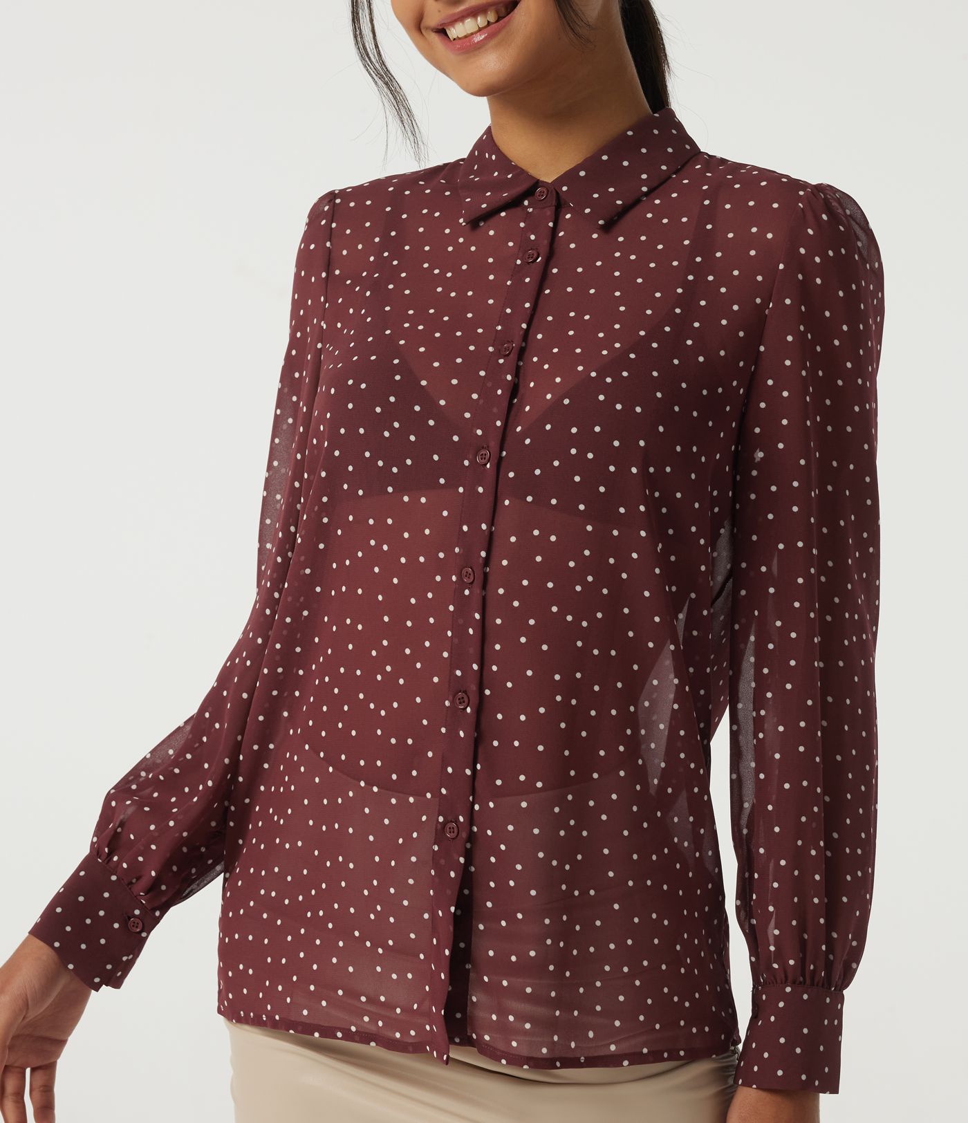 Chemisier en chiffon à pois, à manches longues, style décontracté