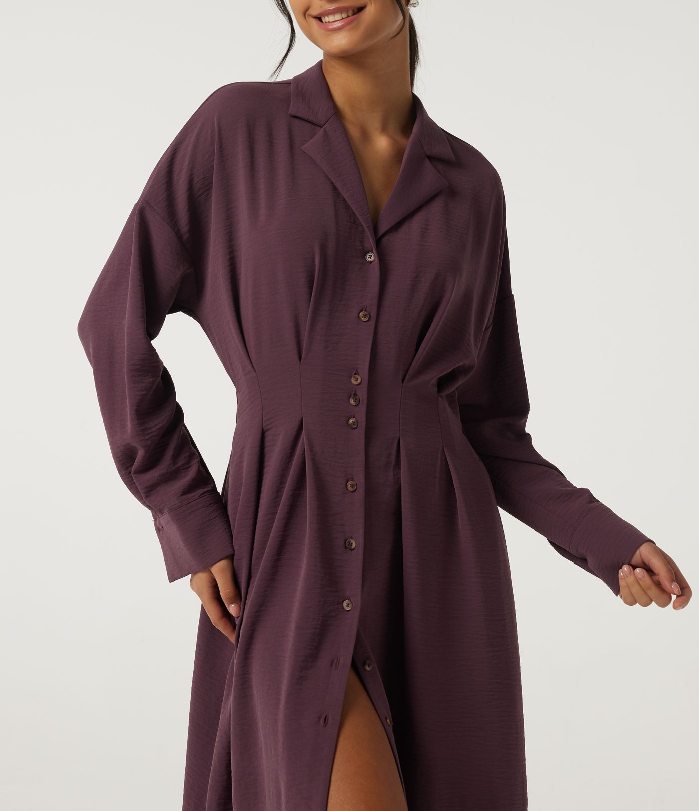 Lapel Long Sleeve Linen-Feel Casual Midi Dress with Pockets
