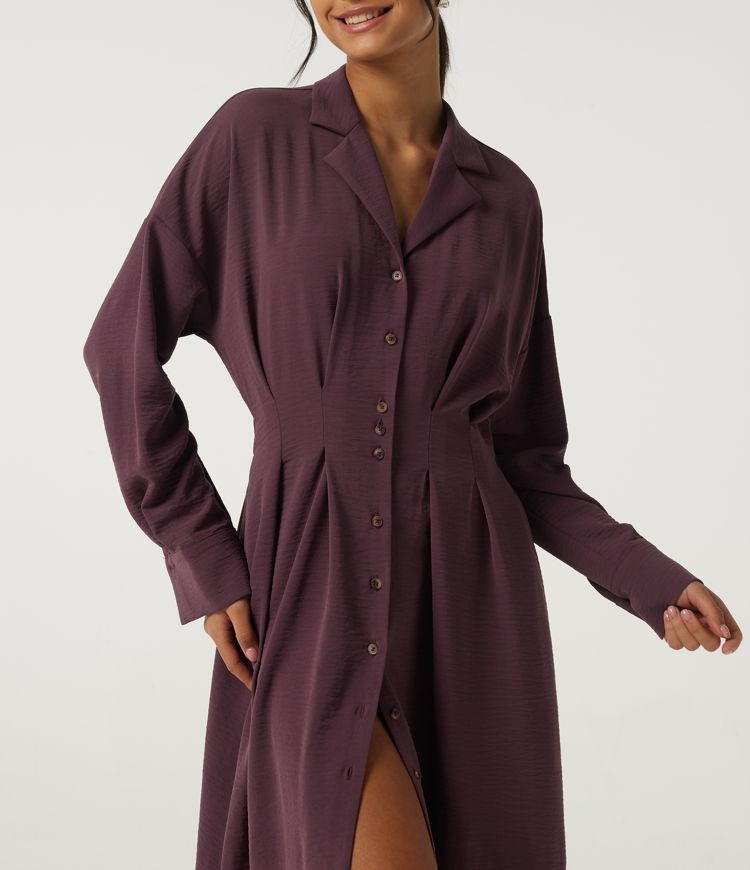 Lapel Long Sleeve Linen-Feel Casual Midi Dress with Pockets