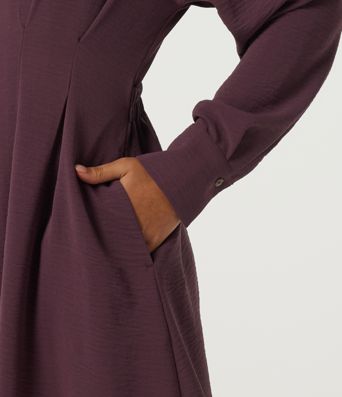 Lapel Long Sleeve Linen-Feel Casual Midi Dress with Pockets