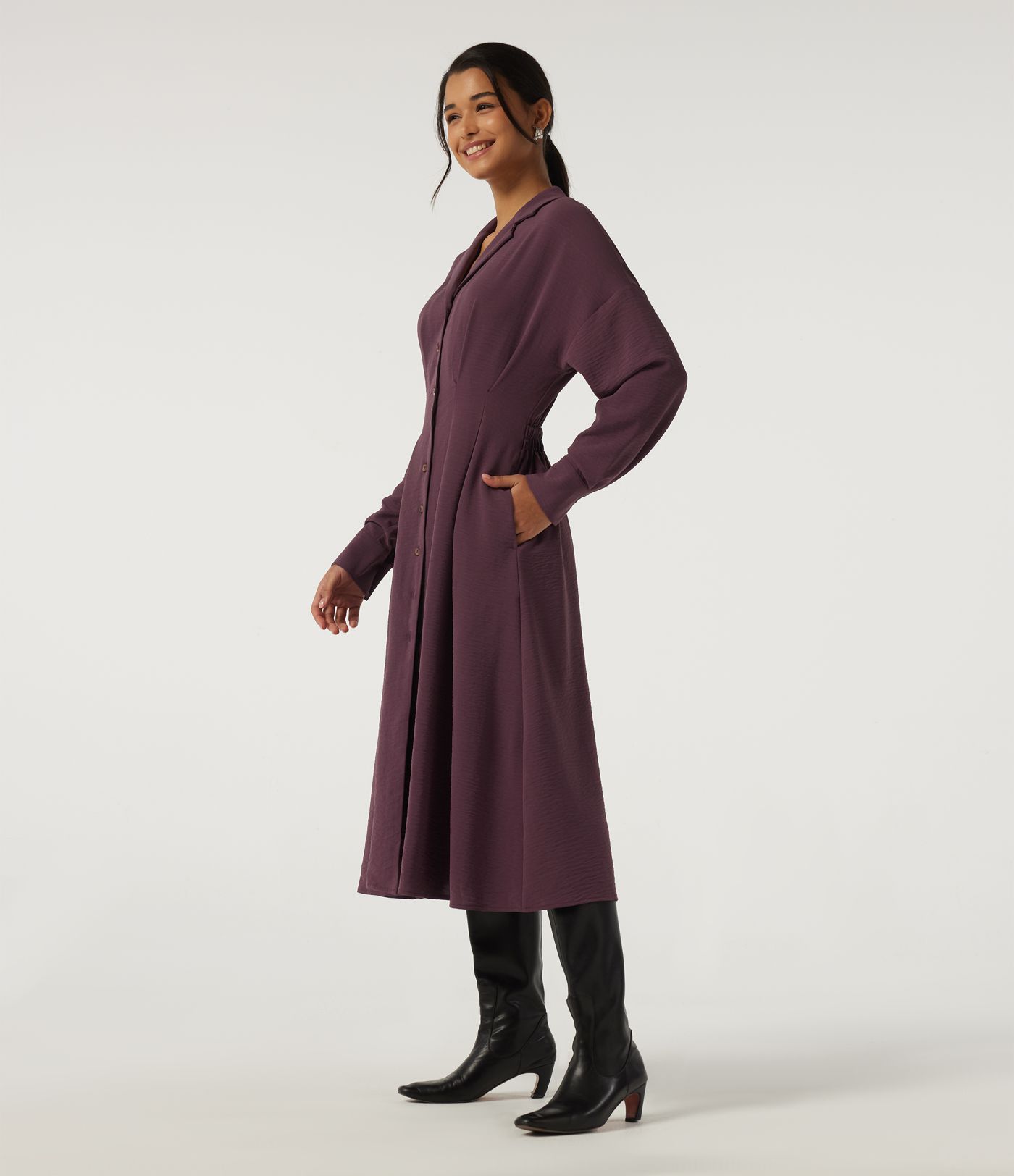 Lapel Long Sleeve Linen-Feel Casual Midi Dress with Pockets