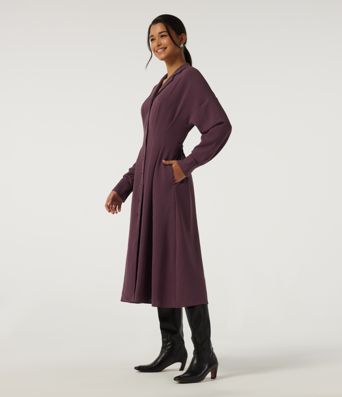 Lapel Long Sleeve Linen-Feel Casual Midi Dress with Pockets