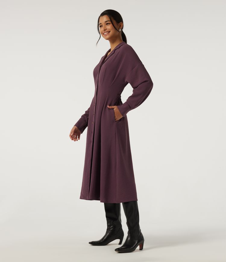 Lapel Long Sleeve Linen-Feel Casual Midi Dress with Pockets