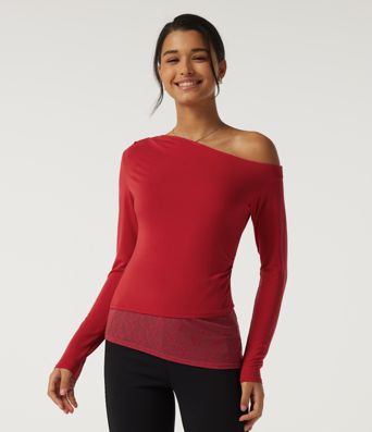 Top décontracté asymétrique à une épaule, manches longues, coupe slim, à fronces et dentelle contrastée.