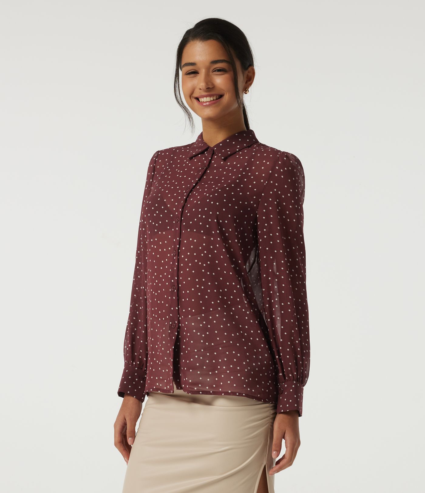 Chemisier en chiffon à pois, à manches longues, style décontracté