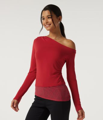 Top décontracté asymétrique à une épaule, manches longues, coupe slim, à fronces et dentelle contrastée.