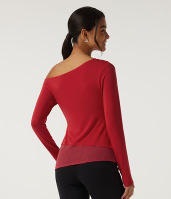Top décontracté asymétrique à une épaule, manches longues, coupe slim, à fronces et dentelle contrastée.