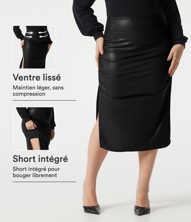 Jupe midi décontractée grande taille 2 en 1 taille haute ventre plat froncée ourlet arrondi en simili doublé polaire