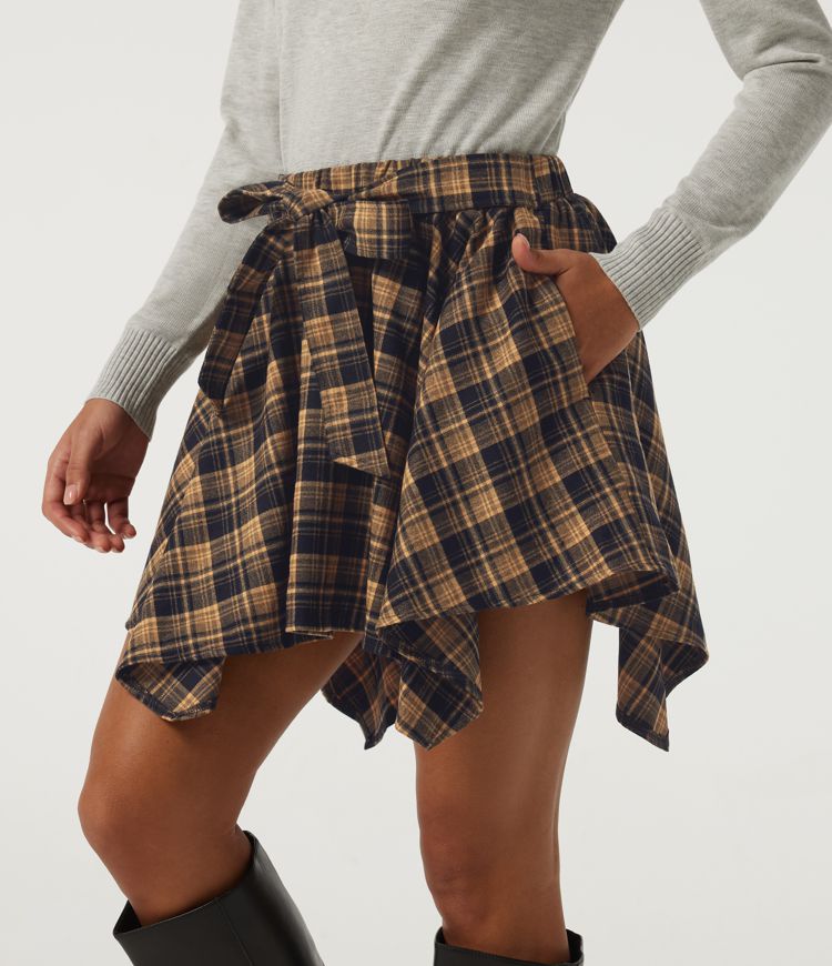 High Waisted Tie Front 2-in-1 Plaid Mini Casual Skirt with Pockets