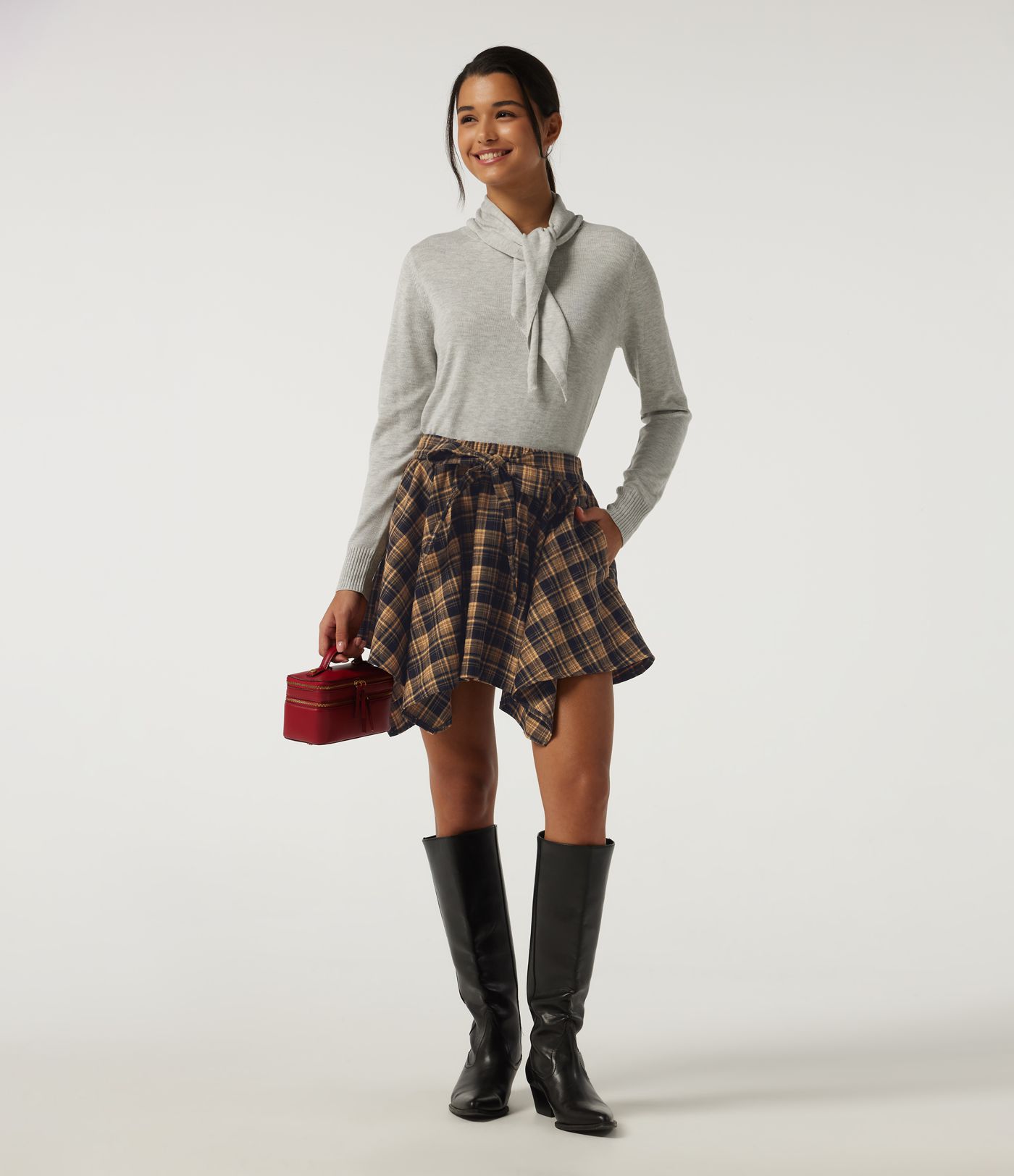 High Waisted Tie Front 2-in-1 Plaid Mini Casual Skirt with Pockets