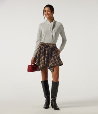 High Waisted Tie Front 2-in-1 Plaid Mini Casual Skirt with Pockets