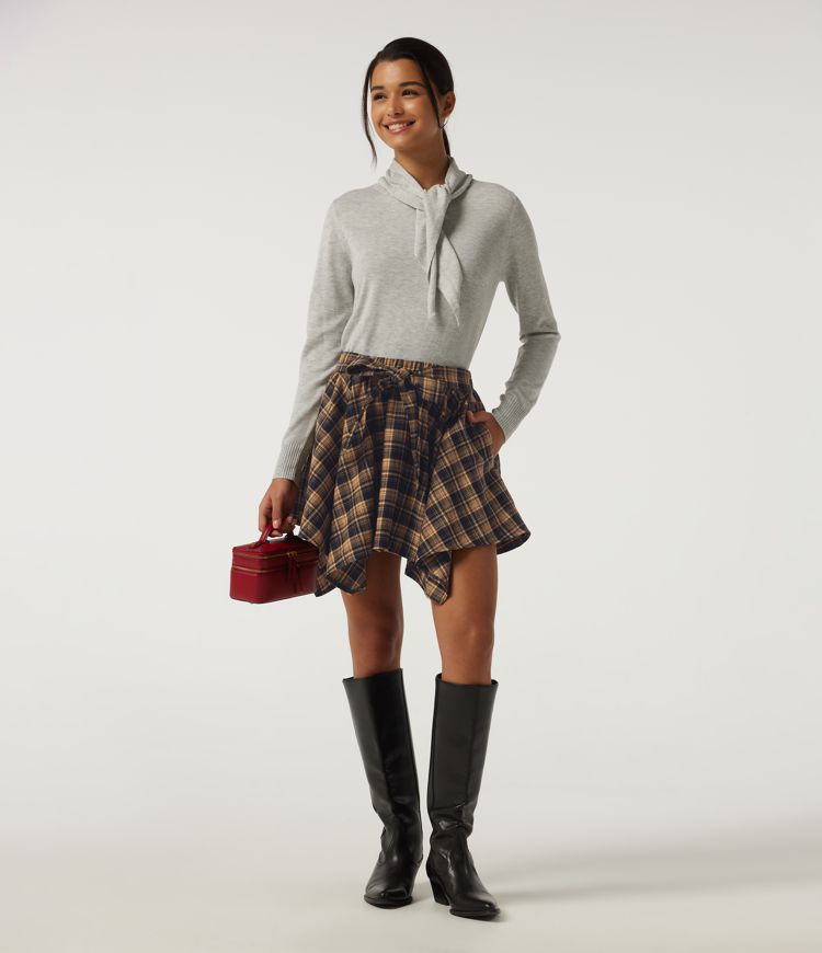 High Waisted Tie Front 2-in-1 Plaid Mini Casual Skirt with Pockets