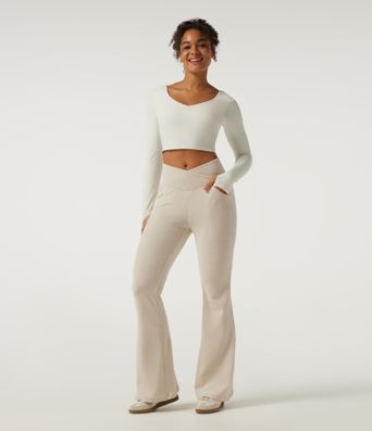 High Waisted Crossover Flare Corduroy Casual Pants with Pockets