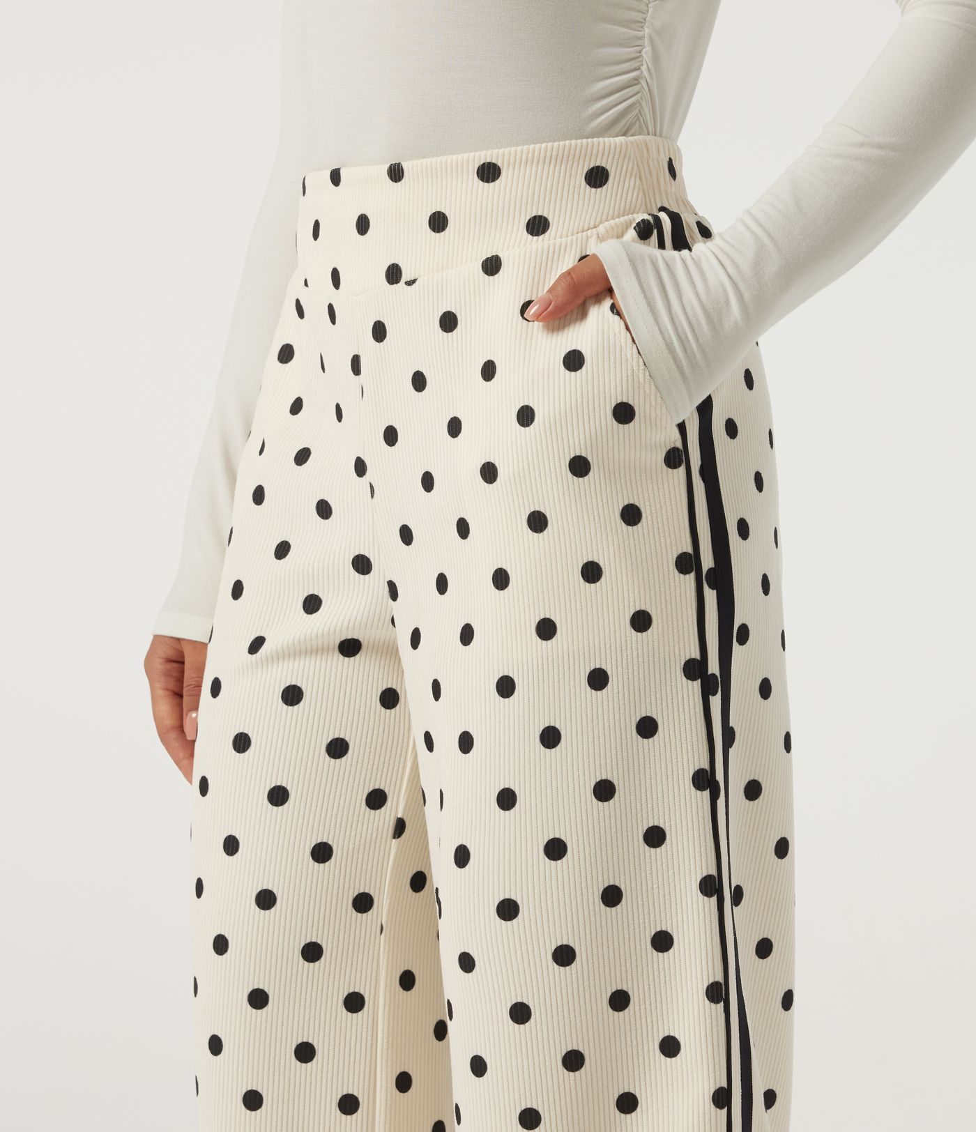 High Waisted Polka Dot Side Stripe Corduroy Casual  Wide Leg Pants with Pockets
