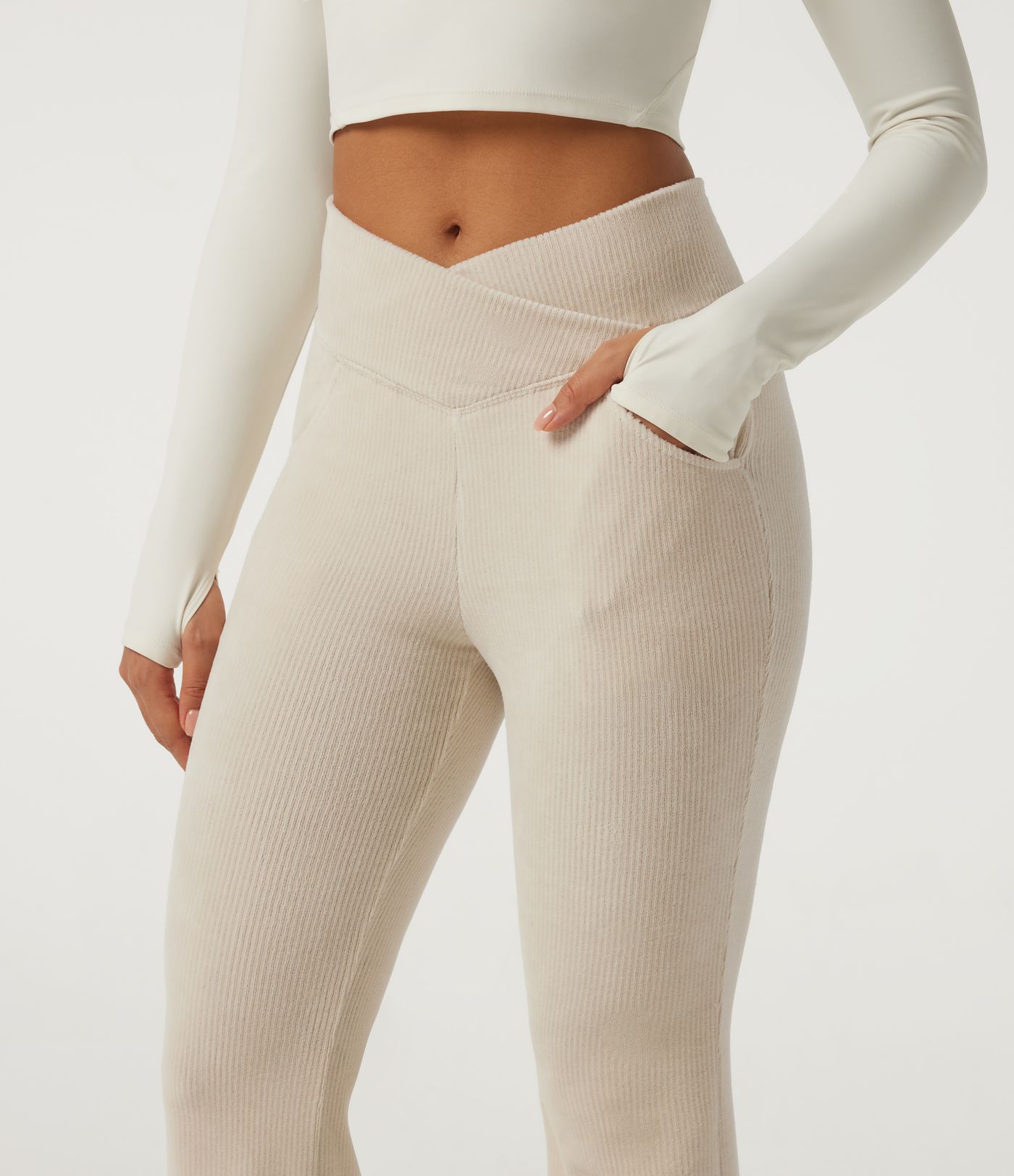 High Waisted Crossover Flare Corduroy Casual Pants with Pockets