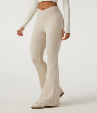 High Waisted Crossover Flare Corduroy Casual Pants with Pockets