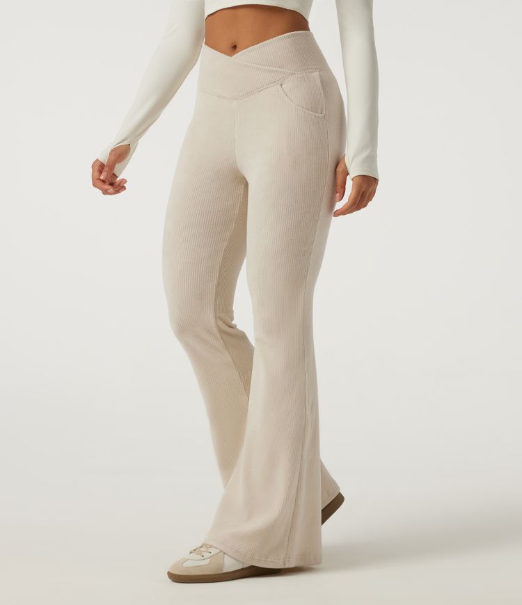 High Waisted Crossover Flare Corduroy Casual Pants with Pockets