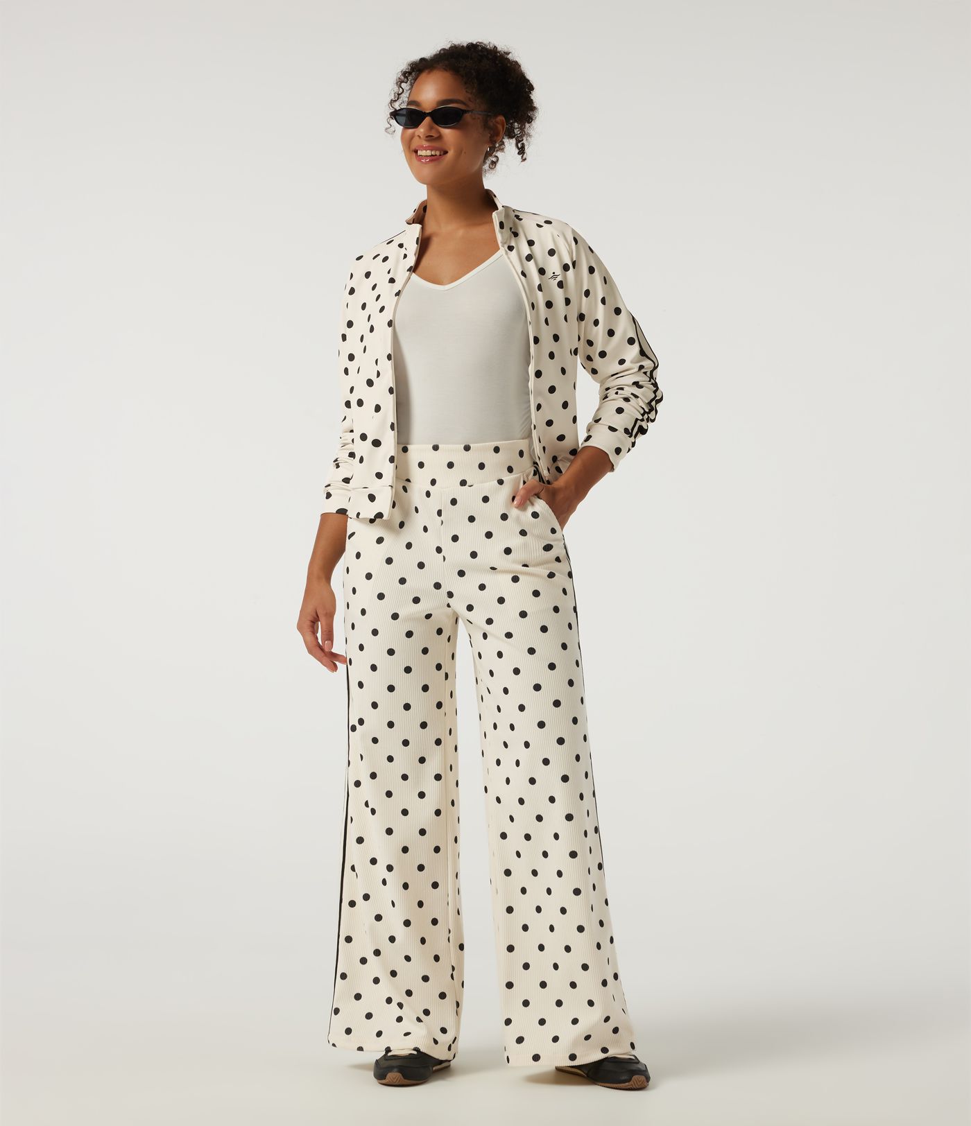 High Waisted Polka Dot Side Stripe Corduroy Casual  Wide Leg Pants with Pockets