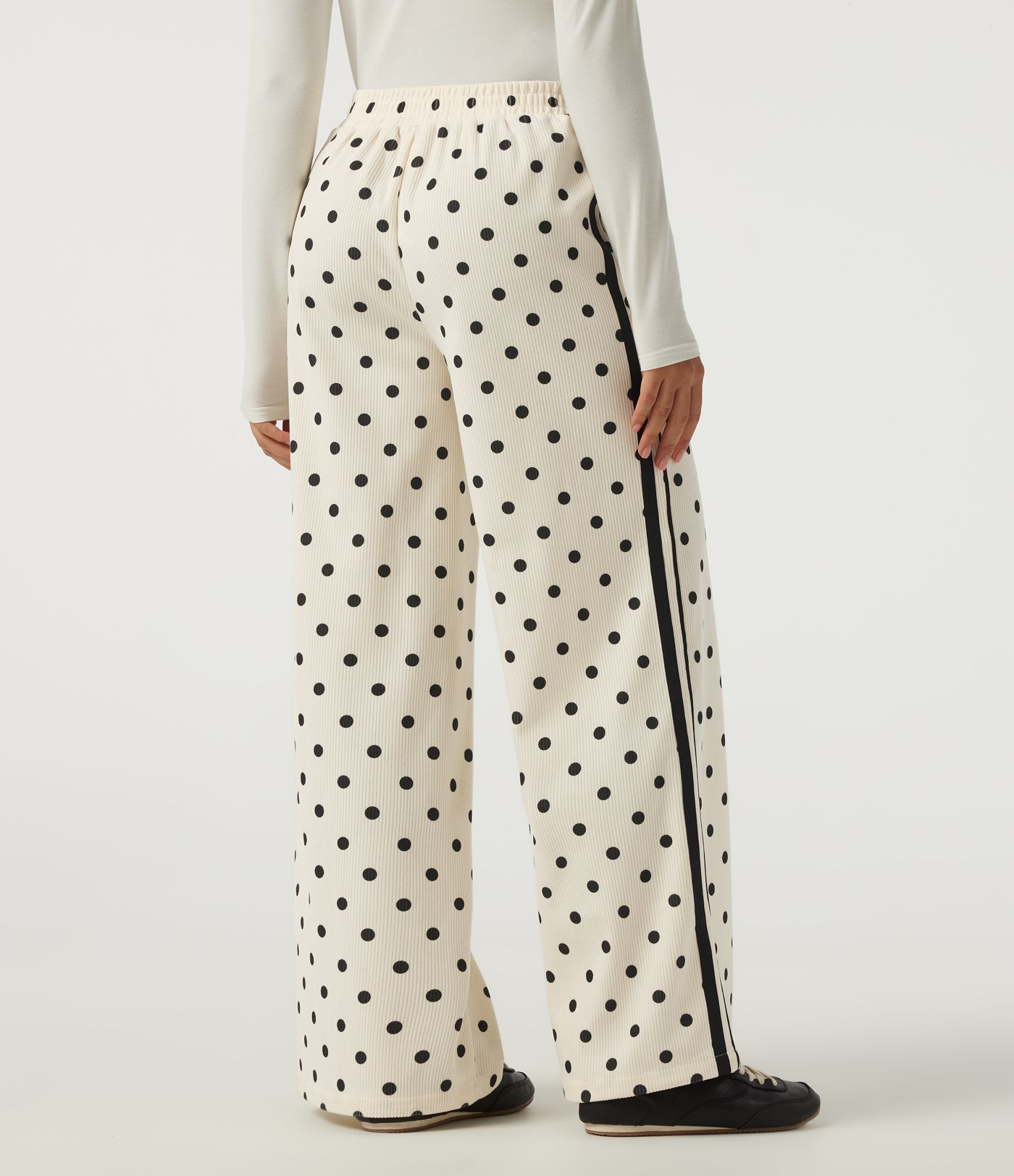 High Waisted Polka Dot Side Stripe Corduroy Casual  Wide Leg Pants with Pockets