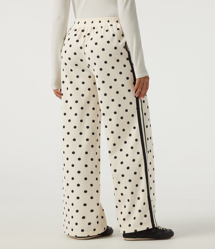 High Waisted Polka Dot Side Stripe Corduroy Casual  Wide Leg Pants with Pockets