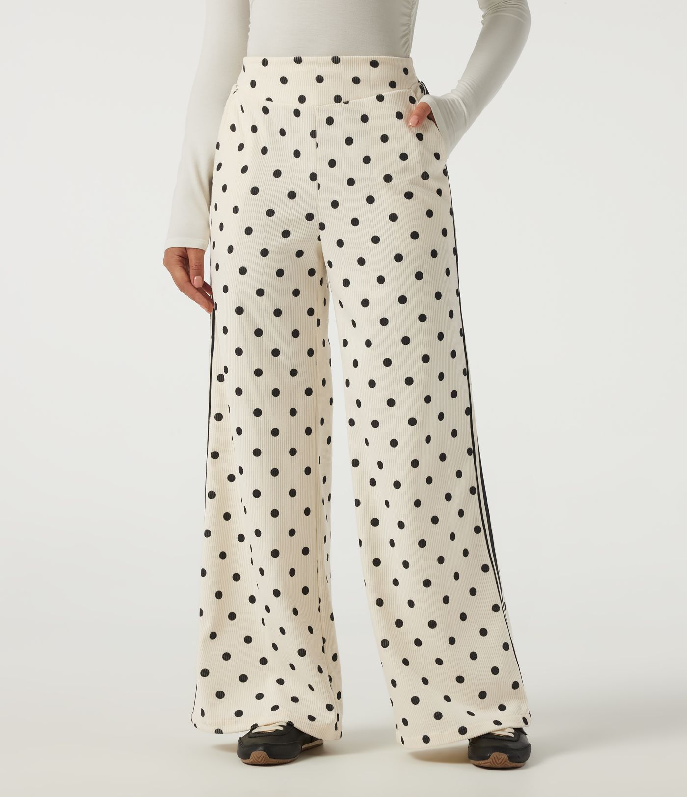 High Waisted Polka Dot Side Stripe Corduroy Casual  Wide Leg Pants with Pockets