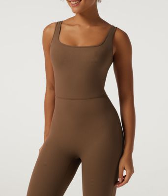 Ribbed Square Neck Sleeveless Yoga Jumpsuit with Built-in Bra