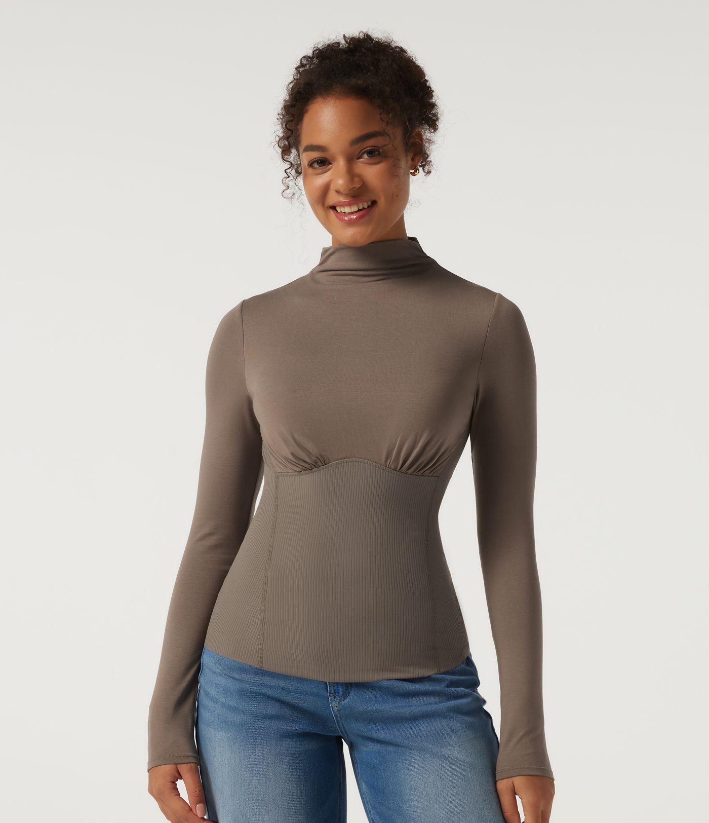 High Neck Long Sleeve Ruched Casual Top with Built-in Bra High Neck Long Sleeve Ruched Casual Top with Built-in Bra
