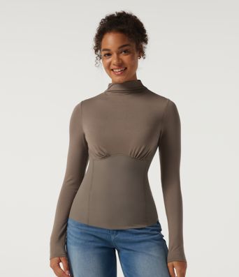 High Neck Long Sleeve Ruched Casual Top with Built-in Bra High Neck Long Sleeve Ruched Casual Top with Built-in Bra