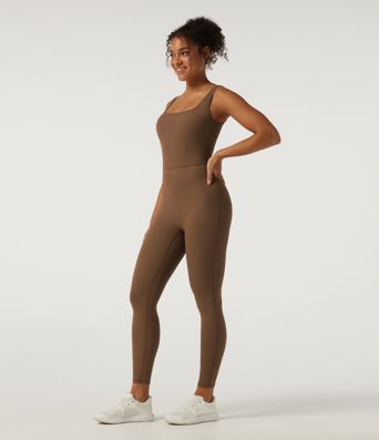 Ribbed Square Neck Sleeveless Yoga Jumpsuit with Built-in Bra