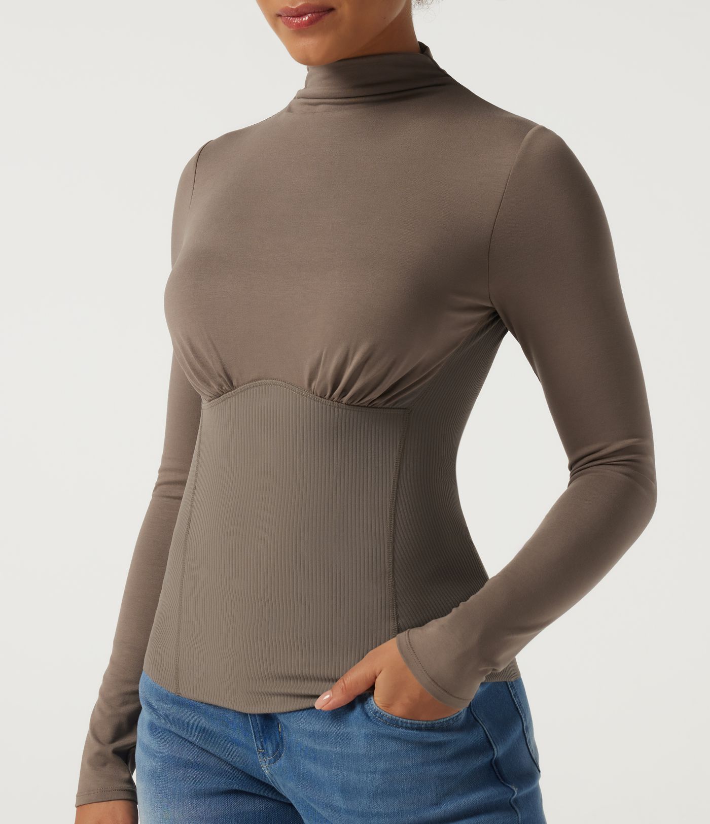 High Neck Long Sleeve Ruched Casual Top with Built-in Bra High Neck Long Sleeve Ruched Casual Top with Built-in Bra