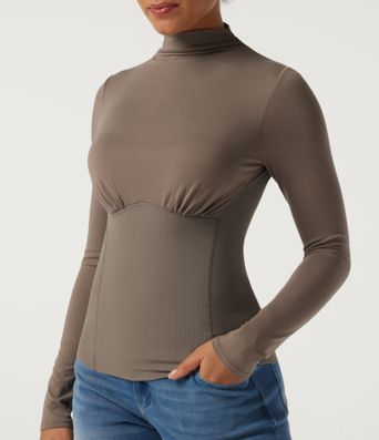 High Neck Long Sleeve Ruched Casual Top with Built-in Bra High Neck Long Sleeve Ruched Casual Top with Built-in Bra
