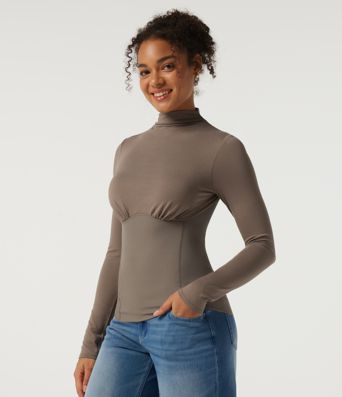 High Neck Long Sleeve Ruched Casual Top with Built-in Bra High Neck Long Sleeve Ruched Casual Top with Built-in Bra
