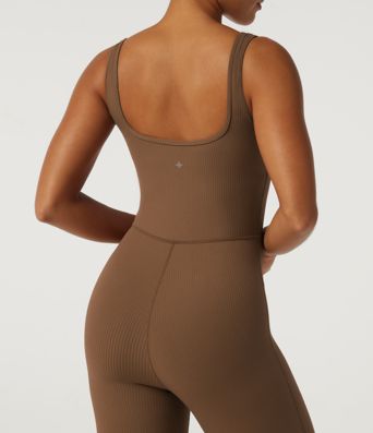 Ribbed Square Neck Sleeveless Yoga Jumpsuit with Built-in Bra