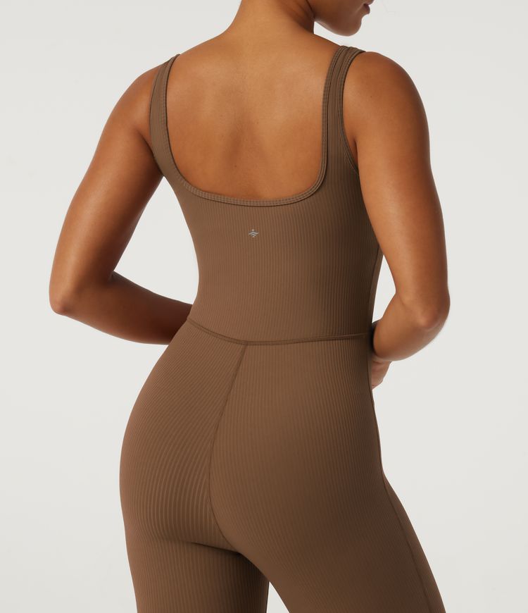 Ribbed Square Neck Sleeveless Yoga Jumpsuit with Built-in Bra