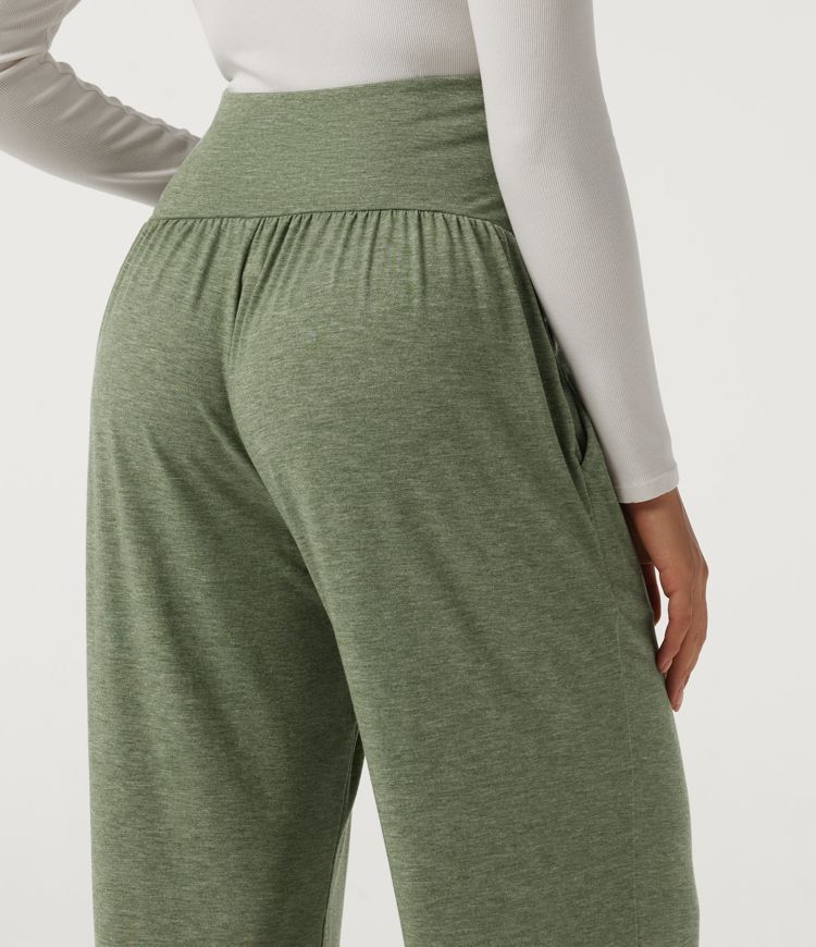 High Waisted Wide Leg Curved Hem Casual Maternity Pants with Pockets