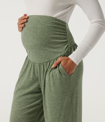 High Waisted Wide Leg Curved Hem Casual Maternity Pants with Pockets