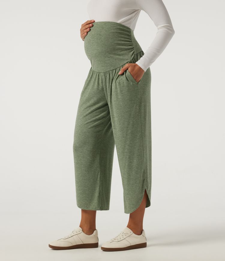 High Waisted Wide Leg Curved Hem Casual Maternity Pants with Pockets