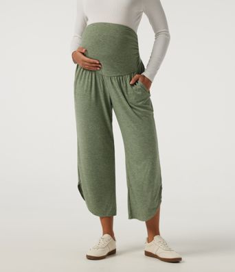 High Waisted Wide Leg Curved Hem Casual Maternity Pants with Pockets