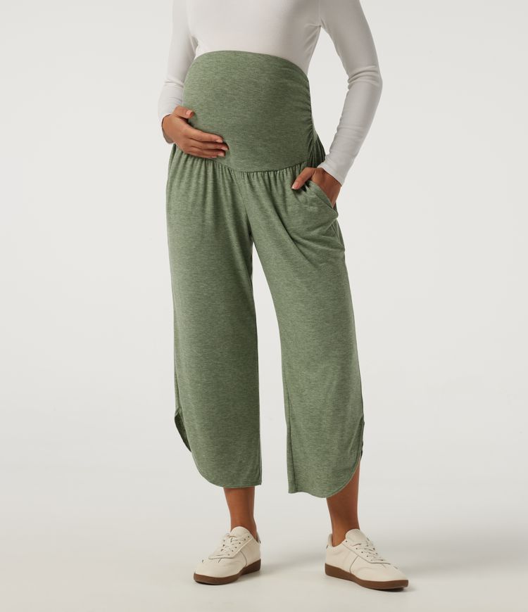 High Waisted Wide Leg Curved Hem Casual Maternity Pants with Pockets