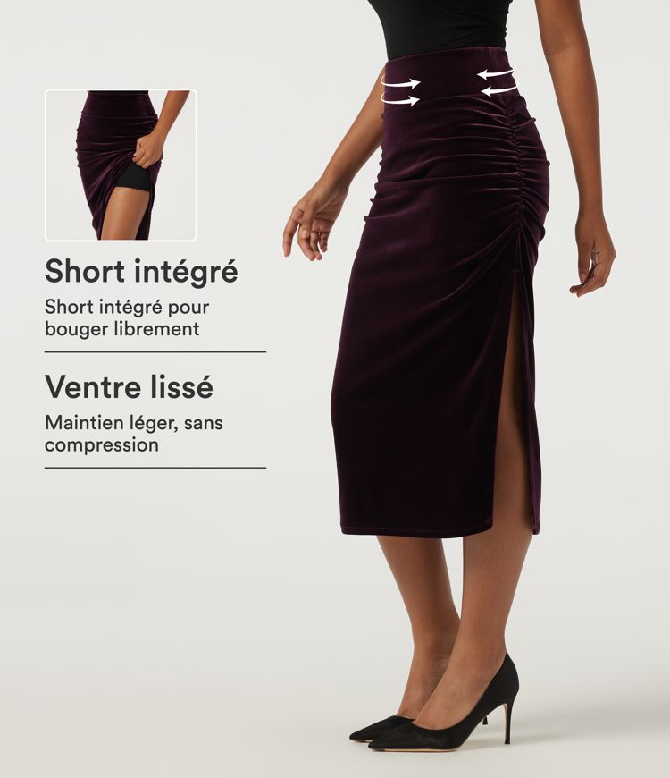 Jupe-short midi bodycon en velours taille haute gainante avec fronces