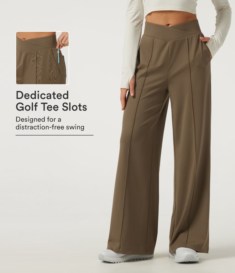 High Waisted Crossover Pintuck Wide Leg Quick Dry Golf Trousers with Pockets-Golf Tee-UPF40+