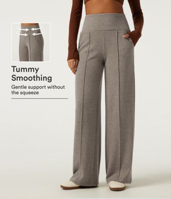 Ribbed Knit High Waisted Tummy Control Straight Leg Pintuck Casual Pants with Pockets