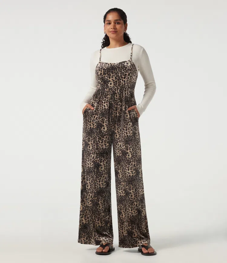 U Neck Sleeveless Leopard Print Velvet Casual Jumpsuit with Pockets