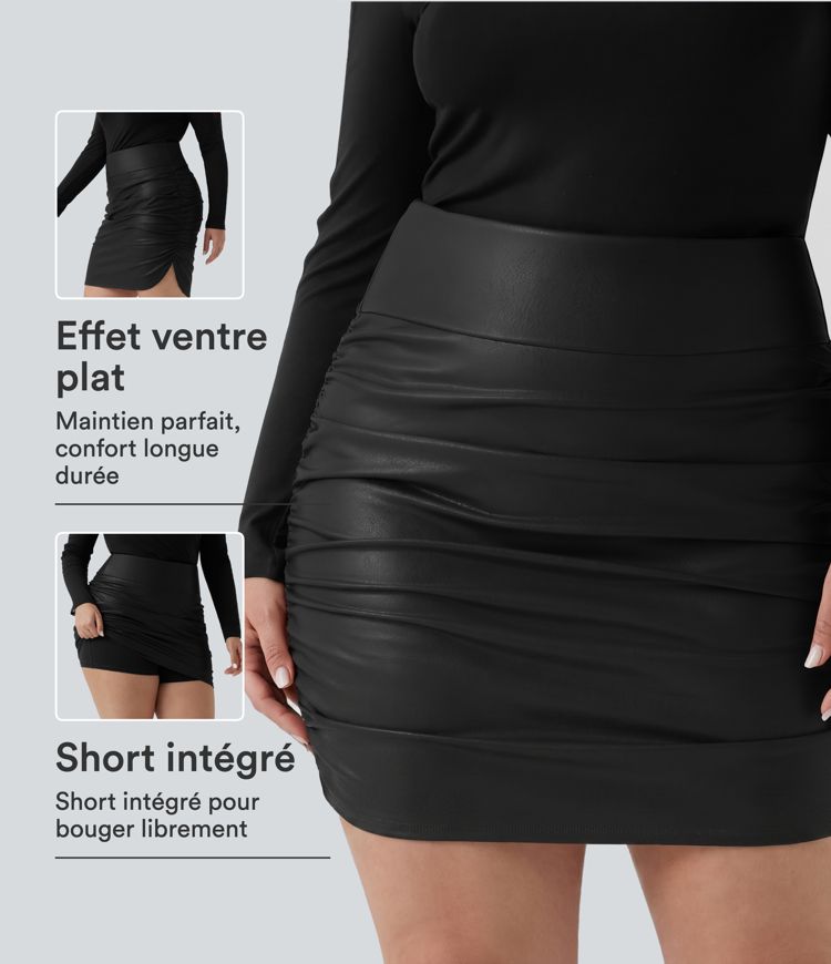 Jupe mini moulante grande taille 2 en 1 taille haute ventre plat froncée ourlet arrondi en simili doublé polaire — longueur allongée