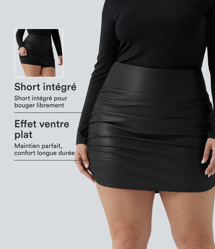 Jupe mini moulante grande taille 2-en-1 en simili doublé polaire taille haute gainante avec fronces et ourlet arrondi