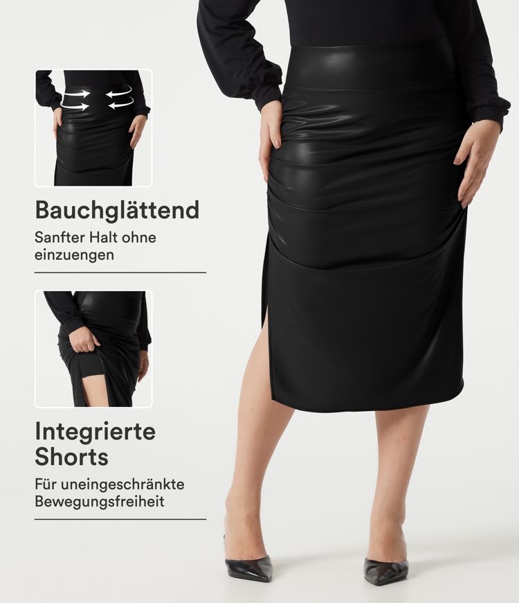 Lässiger, geraffter 2-in-1 Midirock aus Fleece-Kunstleder mit hohem Bund, Bauchkontrolle und abgerundetem Saum - Plus-Size